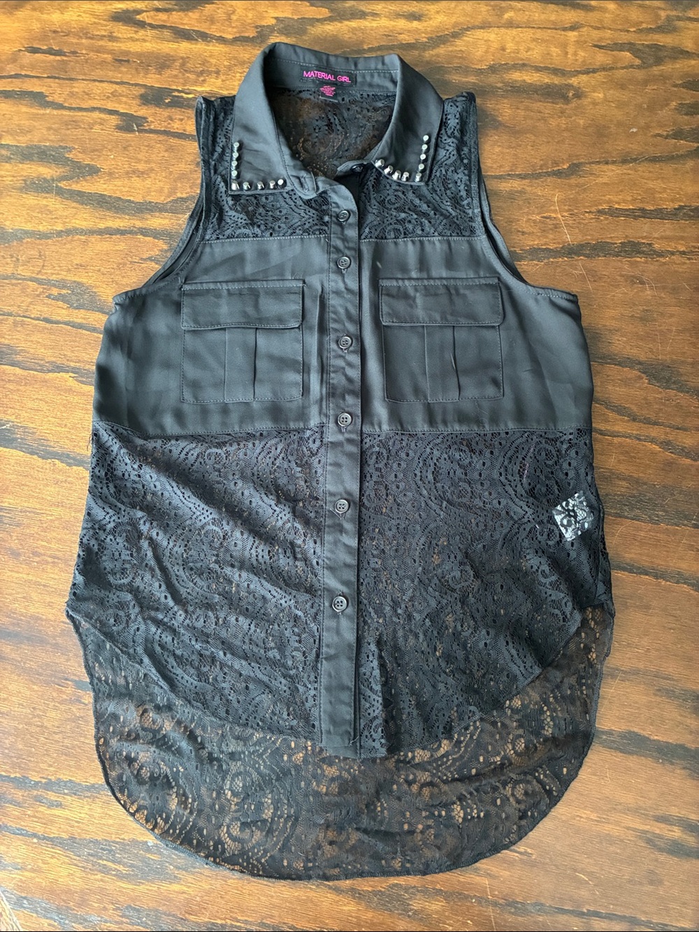 Material Girl Black Lace Studded Sleeveless Button-Up Top